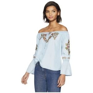 CUPCAKES & Cashmere Blouse Sz M Boho Embroidered Off The Shoulder Chambray Blue